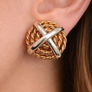 Signed KREMENTZ 1960s Gold Overlay Round Clip-On Earrings Modernist 1”